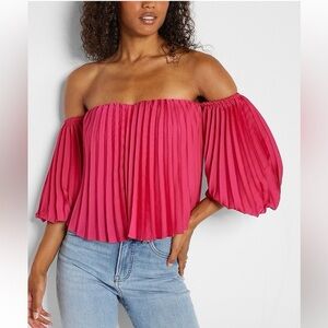 Express - Rose Pink Pleated Off The Shoulder Balloon Sleeve Blouse Size Medium